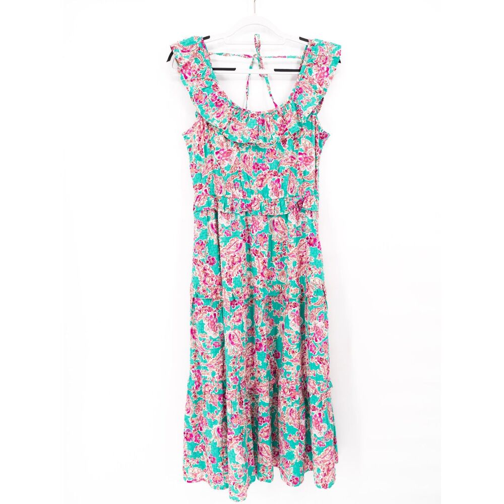 J Crew Womens 6 NWT Midi Dress Floral Tiered Ruffle With Back Tie Green Pink